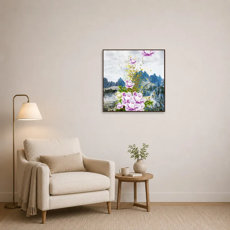Cozy reading corner with Floral Avalanche and mountain backdrop enhancing relaxation.