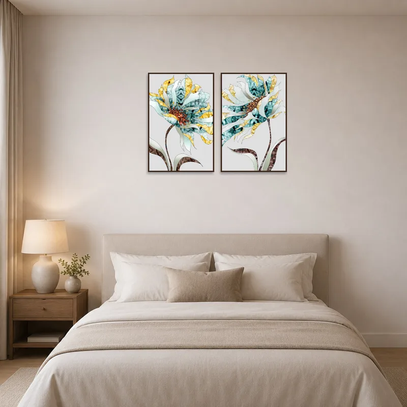 Floral elegance artwork set introduces a calming botanical influence to a bedroom wall.