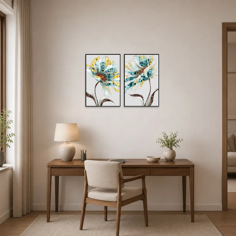 Abstract botanical pieces bring a touch of nature-inspired sophistication to a home office.