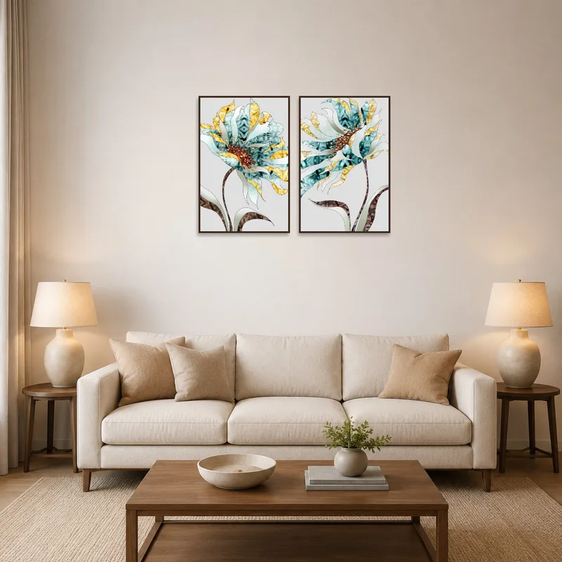 Abstract botanical artwork set displayed on a living room wall, adding a touch of elegance to the space.