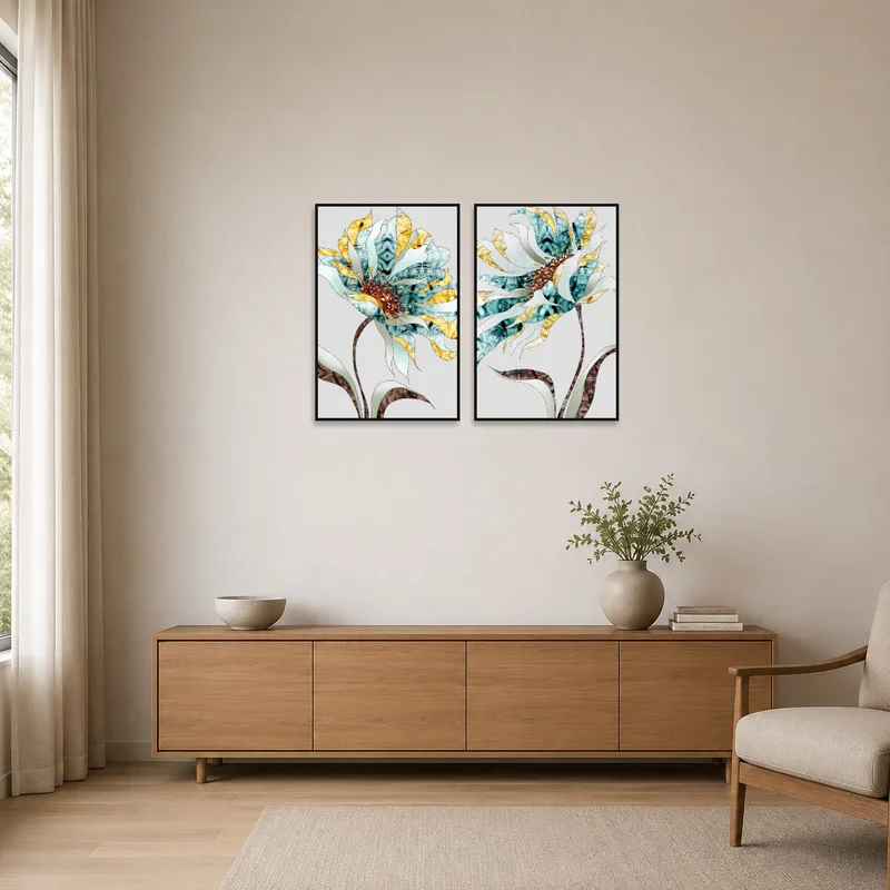 Simple lines and neutral tones of floral artwork set complementing a minimalist room design.