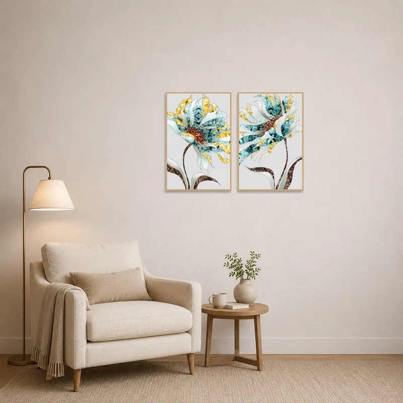 Abstract floral artwork set brings a serene touch to a peaceful reading corner.