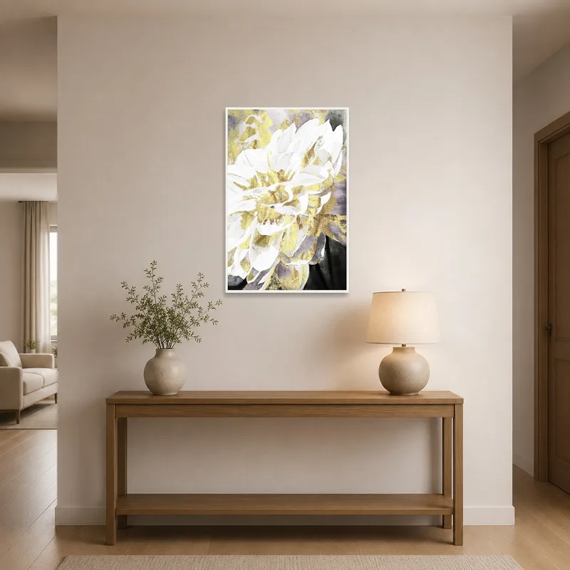 Elegant floral art in gold and white welcoming at the entrance hall.