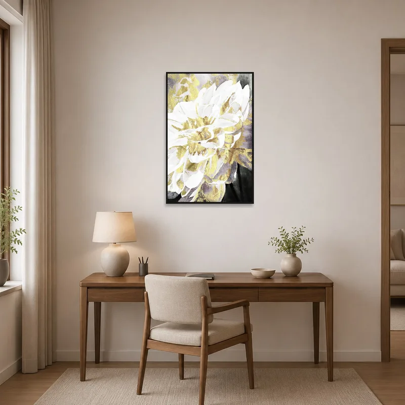 Home office with gold and white floral piece adding sophistication.