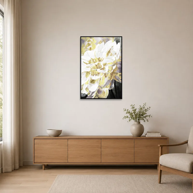 Minimalist room with a gold and white flower piece on a blank wall.