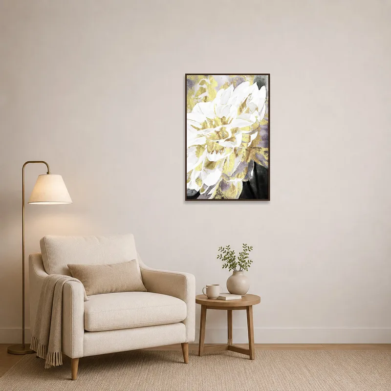 Floral gold and white artwork enhancing a serene reading corner.