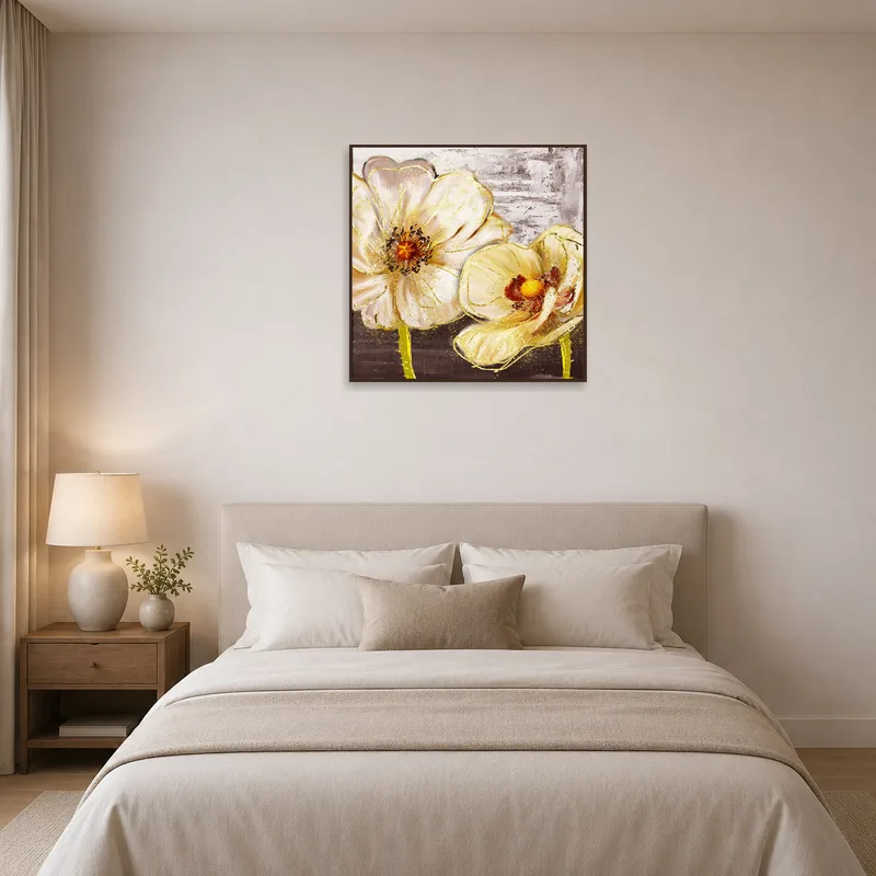 Bedroom wall adorned with textured brushstroke floral art, adding sophistication and tranquility.
