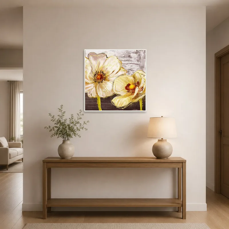 Entrance hall showcasing a textured brushstroke floral piece welcoming guests with elegance.