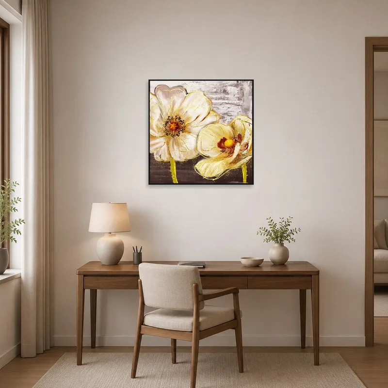 Home office accented by a textured floral piece, bringing a touch of charm and creativity to the workspace.