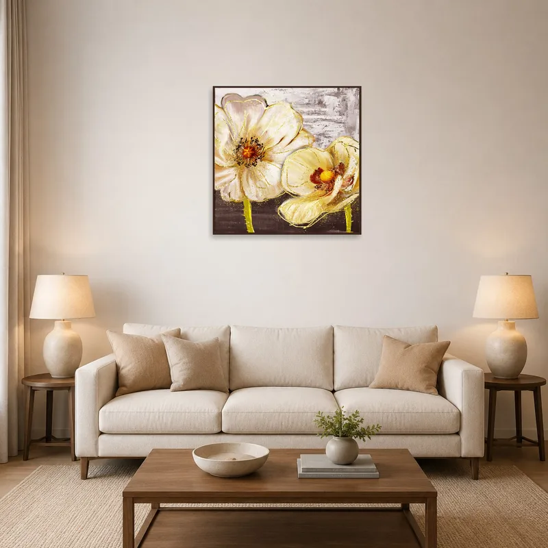 Elegant floral artwork with textured brushstrokes displayed above a modern living room sofa.