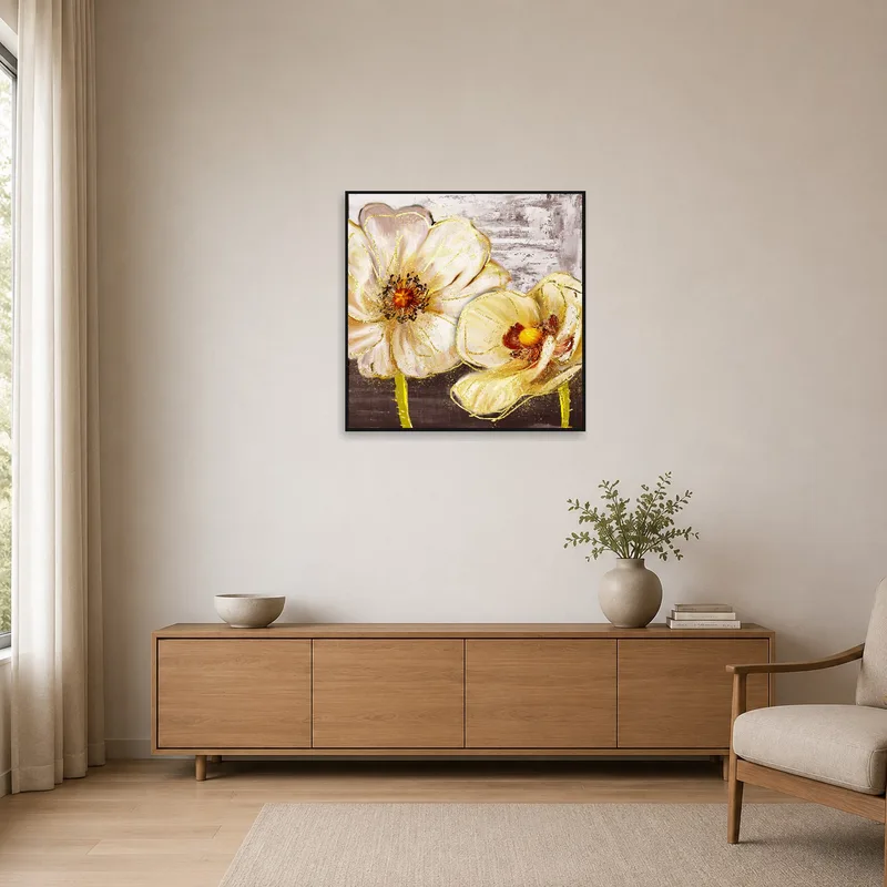 Minimalist design setting with a floral art piece adding a touch of color and texture to the space.