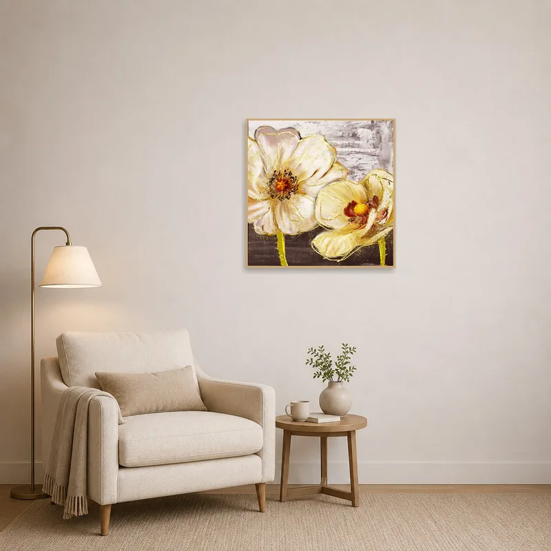 Reading corner highlighted by a floral art piece, adding a calming and serene vibe to the space.