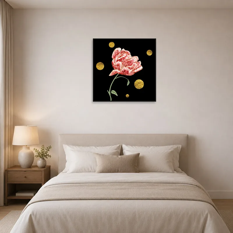 Sophisticated floral art adding charm to a tranquil bedroom.