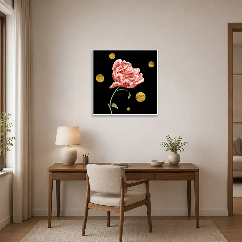 Gold-accented floral piece bringing elegance to a tidy home office.