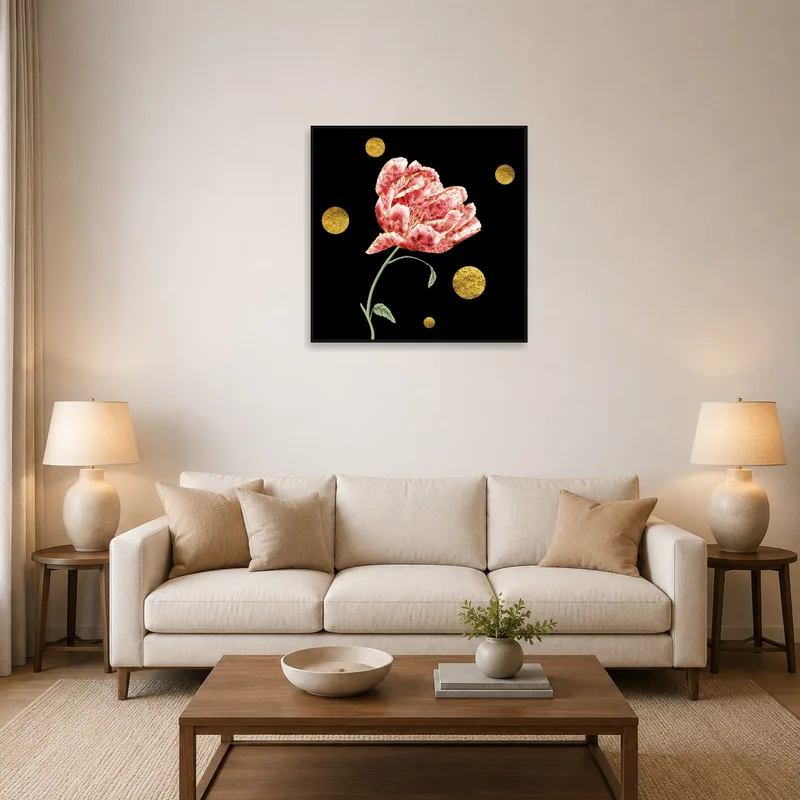Art piece with gold-accented flowers displayed in a cozy living room setting.