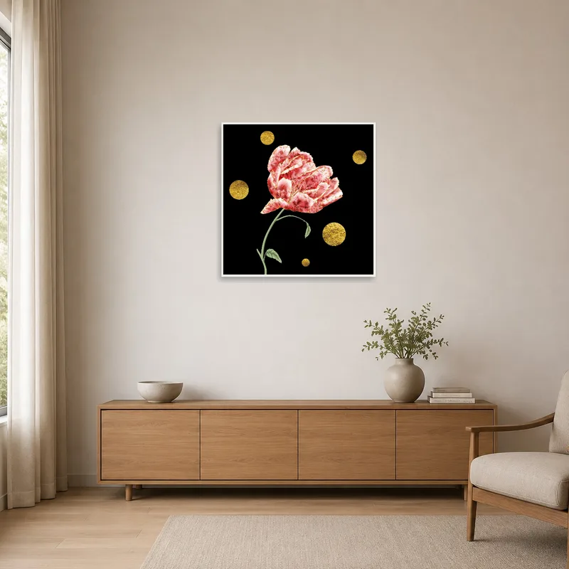 Gold-accented floral art on a stark, minimalist wall.