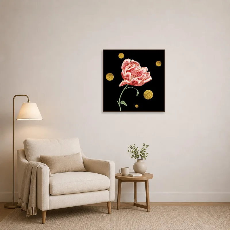 Floral art with gold accents enhancing a serene reading corner.