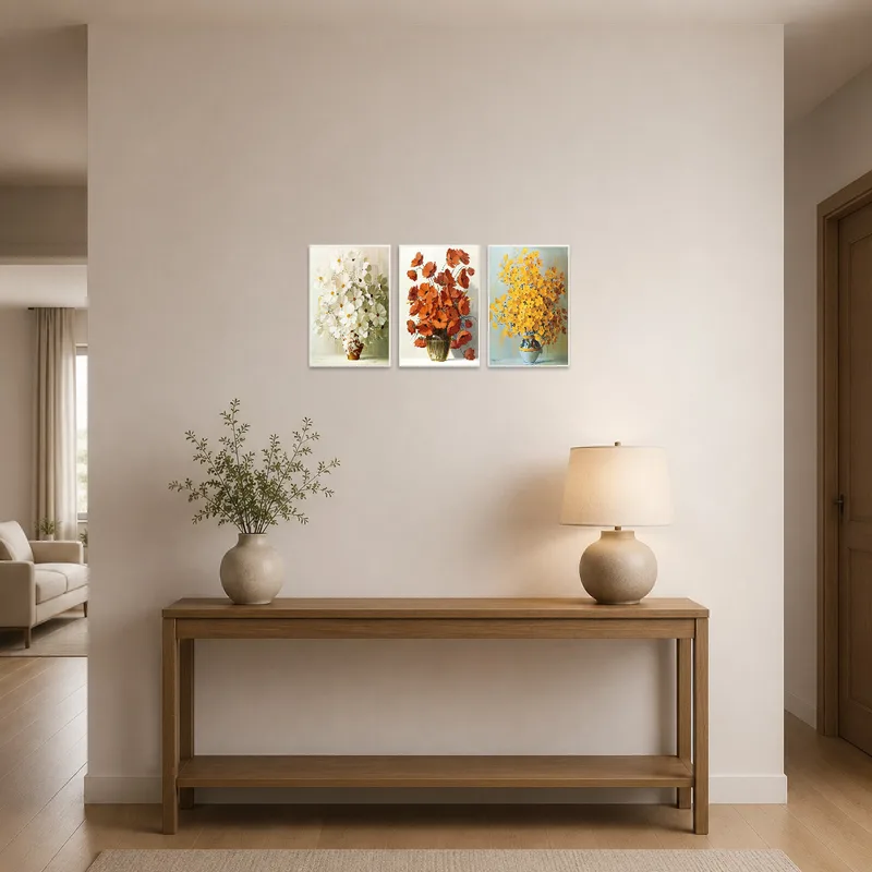Entrance-hall enlivened by an elegant botanical triptych on the wall.