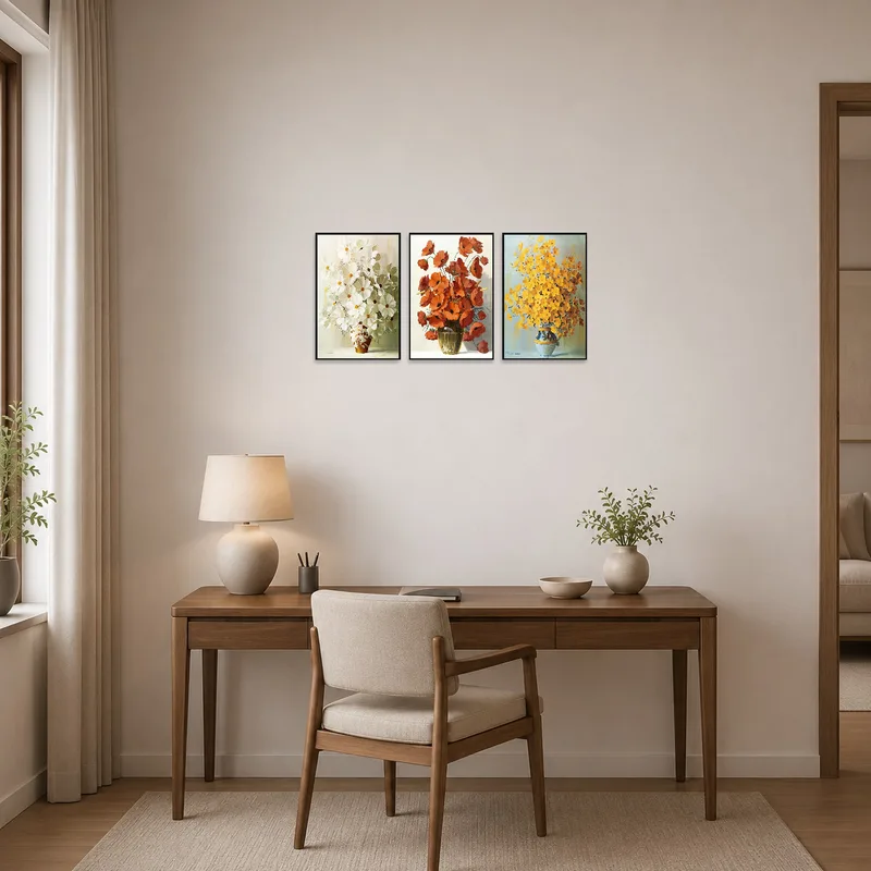 Home-office wall energized by elegant botanical elements in triptych form.
