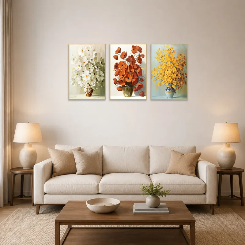 A botanical triptych set brightens the living-room with floral elegance.