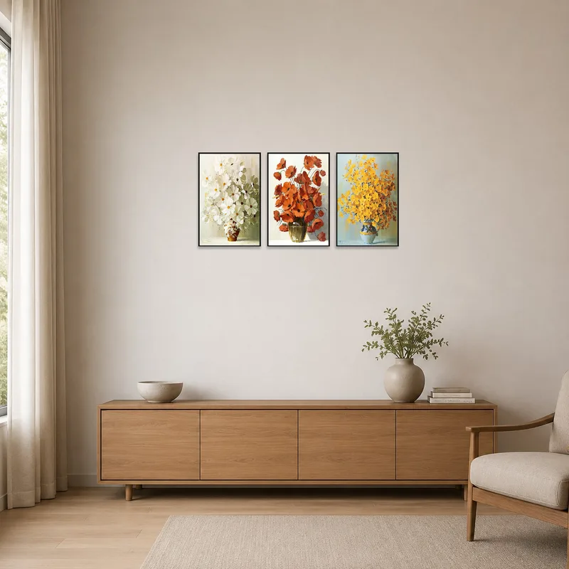 Minimalist space gains subtle charm with a botanical triptych display.