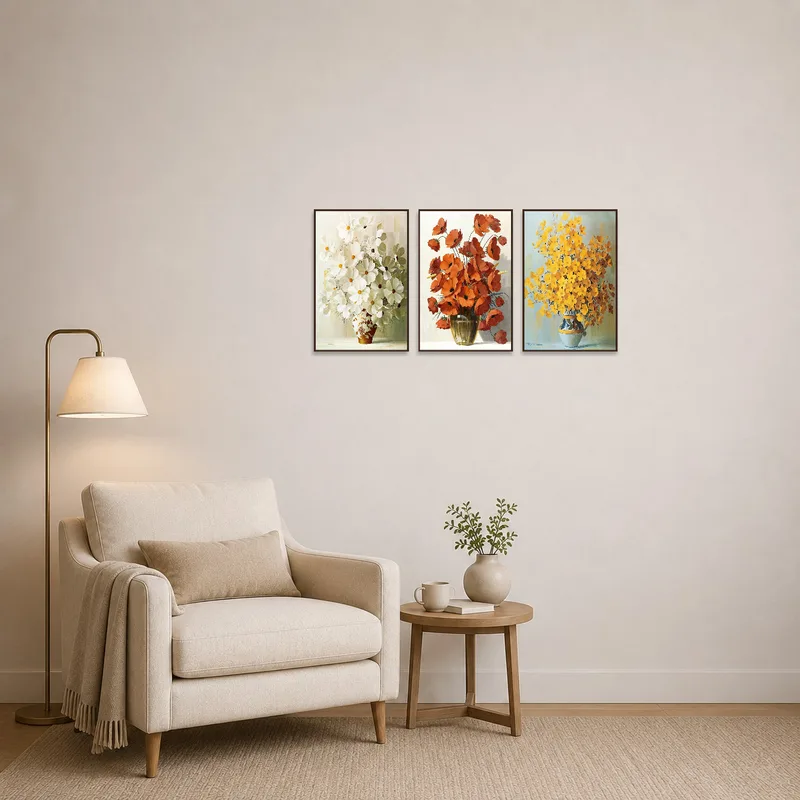 Reading-corner's ambiance enhanced by serene floral triptych pieces.