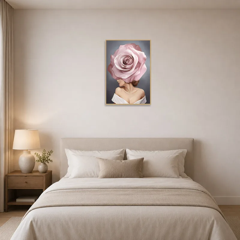 A calming pink rose head portrait enhances bedroom tranquility.