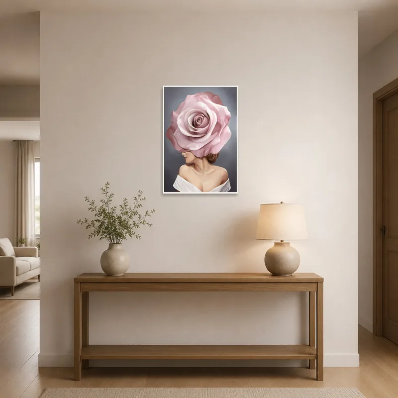Pink rose head artwork elegantly welcomes guests in the entrance hall.