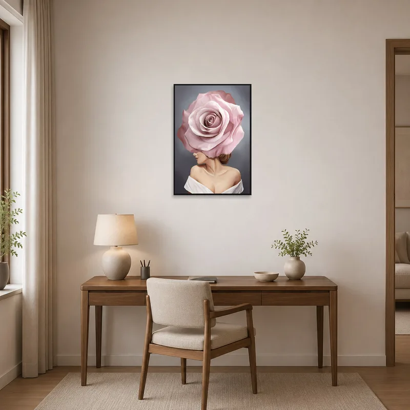 Stylish floral portrait inspires creativity in the home office.