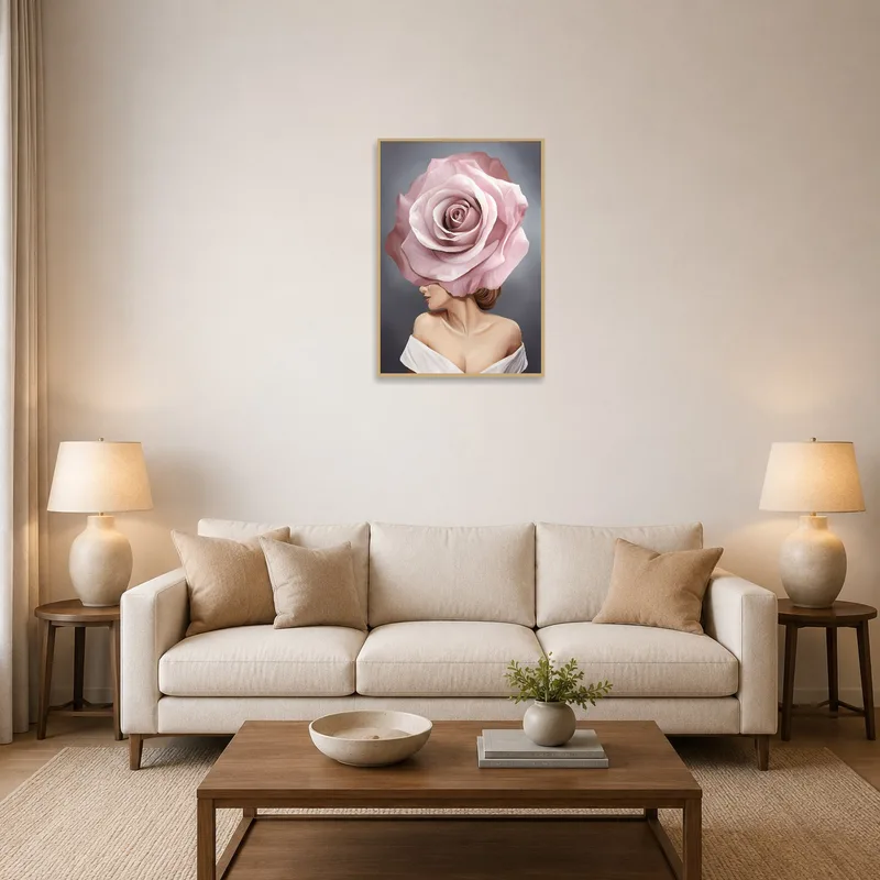 A vibrant pink rose head portrait brightens the living room.