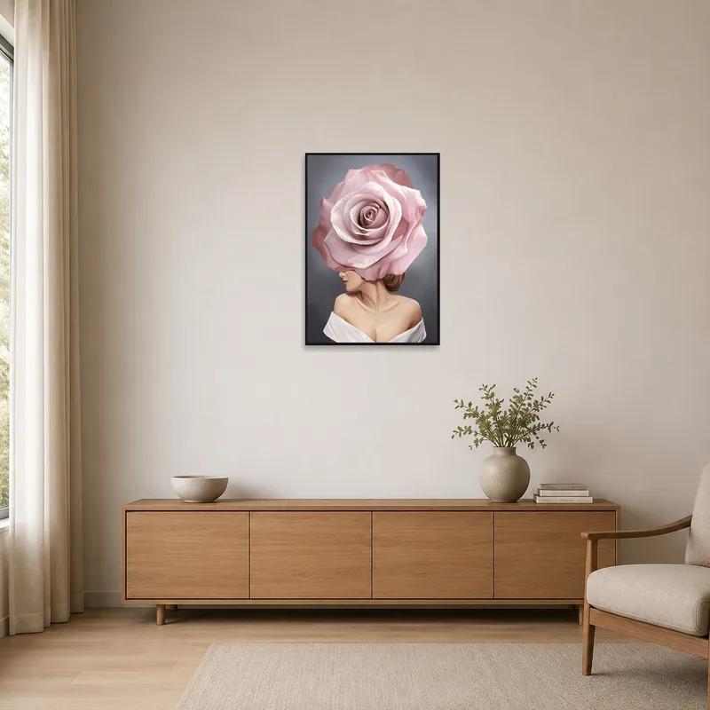The floral portrait adds a touch of elegance to the minimalist space.