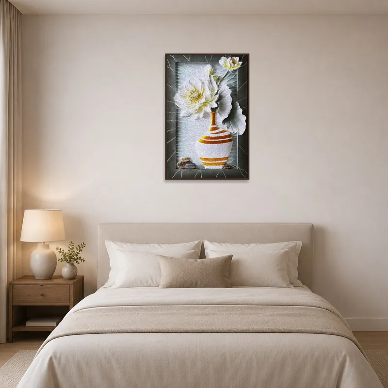 Art print of floral vase enhancing tranquility in the bedroom.