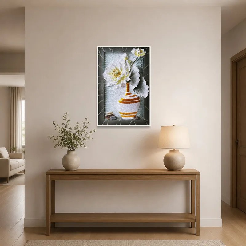 Art print of a floral vase displayed in a welcoming entrance hall.