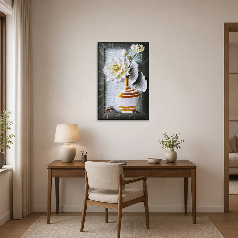 Floral vase art print inspiring a creative home office space.