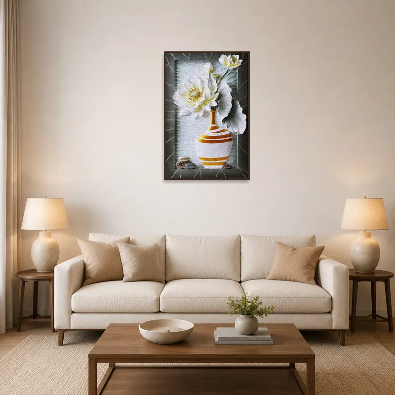 Floral vase art print hanging above a cozy sofa in the living room.