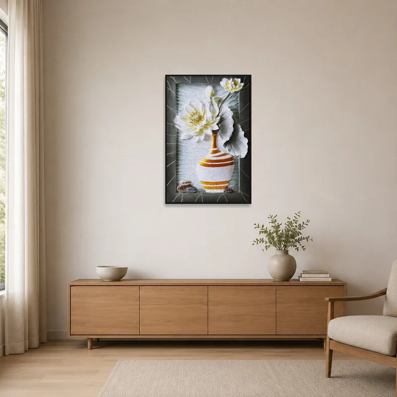 Floral vase art print on a stark white wall in a minimalist setting.