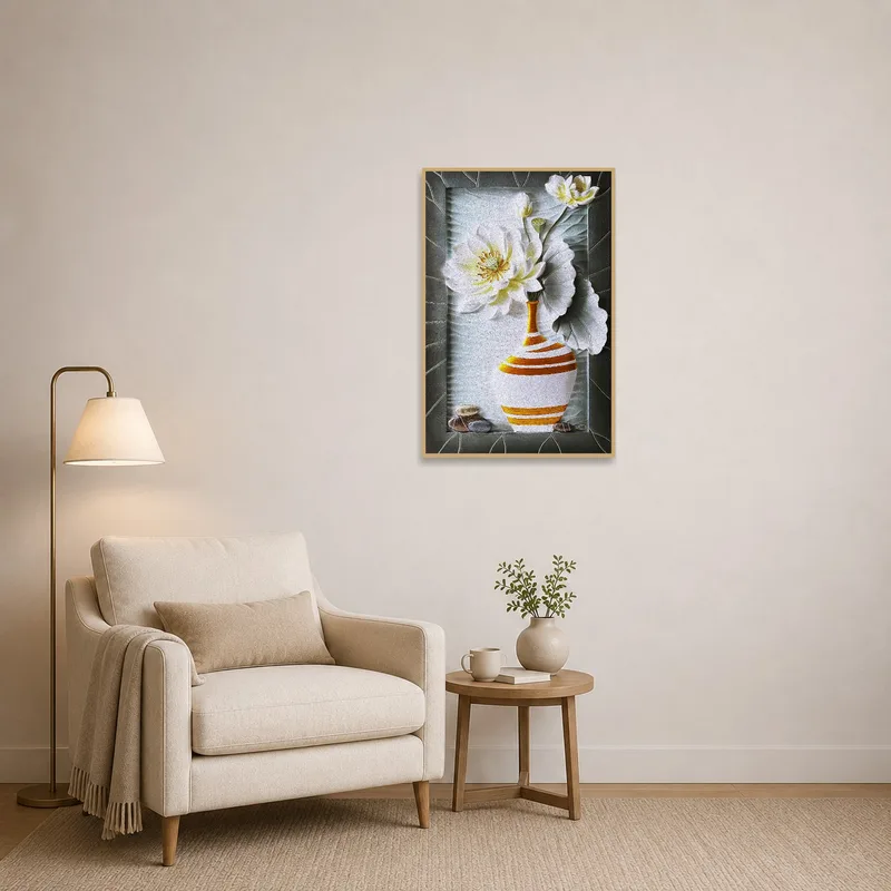 Floral vase print adding color to a quiet reading corner.