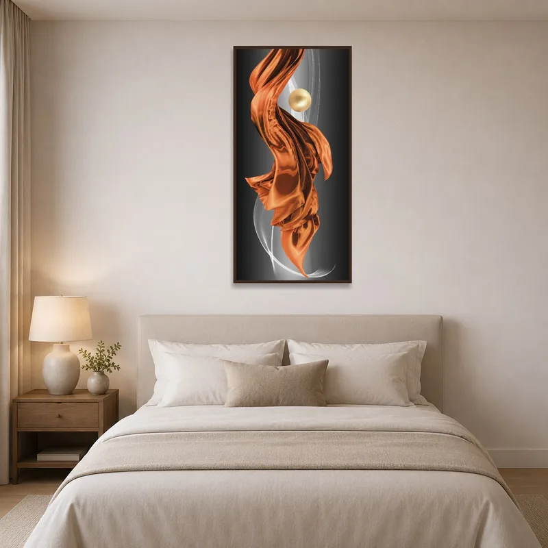 Bedroom wall adorned with bronze drapery and a golden orb design.