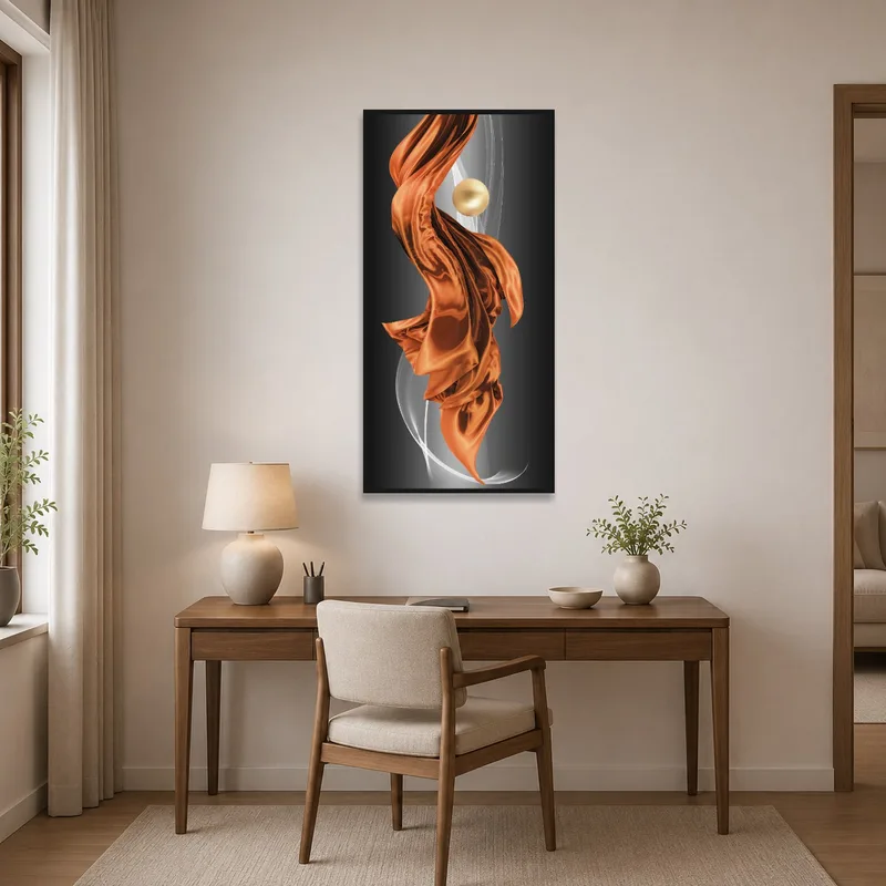 Home office featuring artwork of flowing bronze drapery with a golden orb.