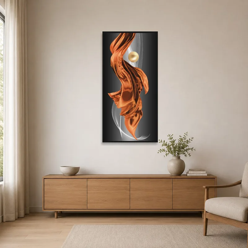 Minimalist room featuring artwork of bronze drapery and a golden orb.