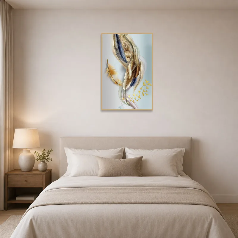 Bedroom serenity enhanced by blue and gold feather accents.