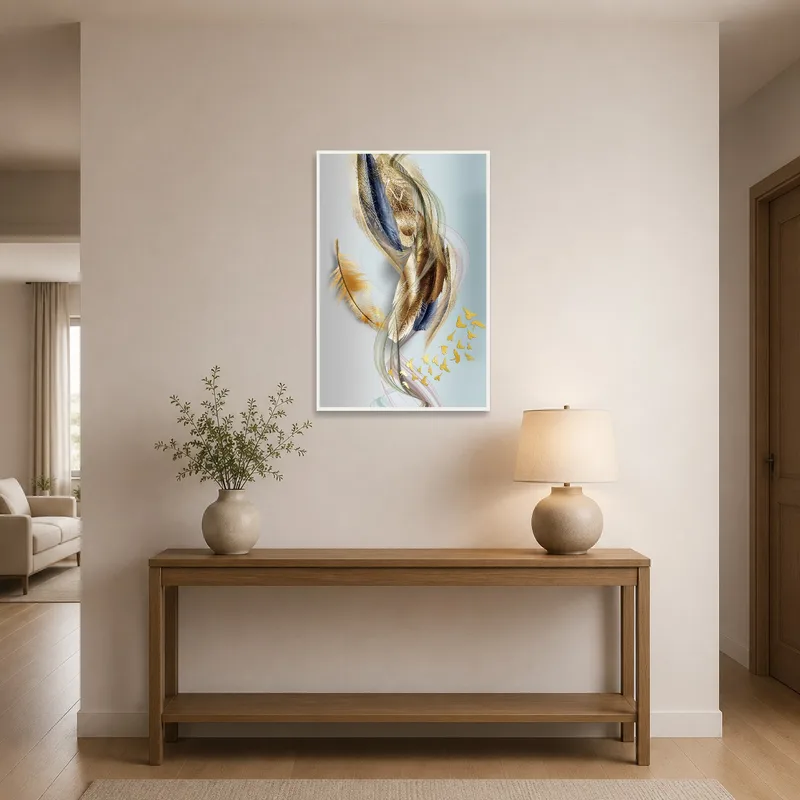 Entrance hall enhanced by a flowing feather art piece.