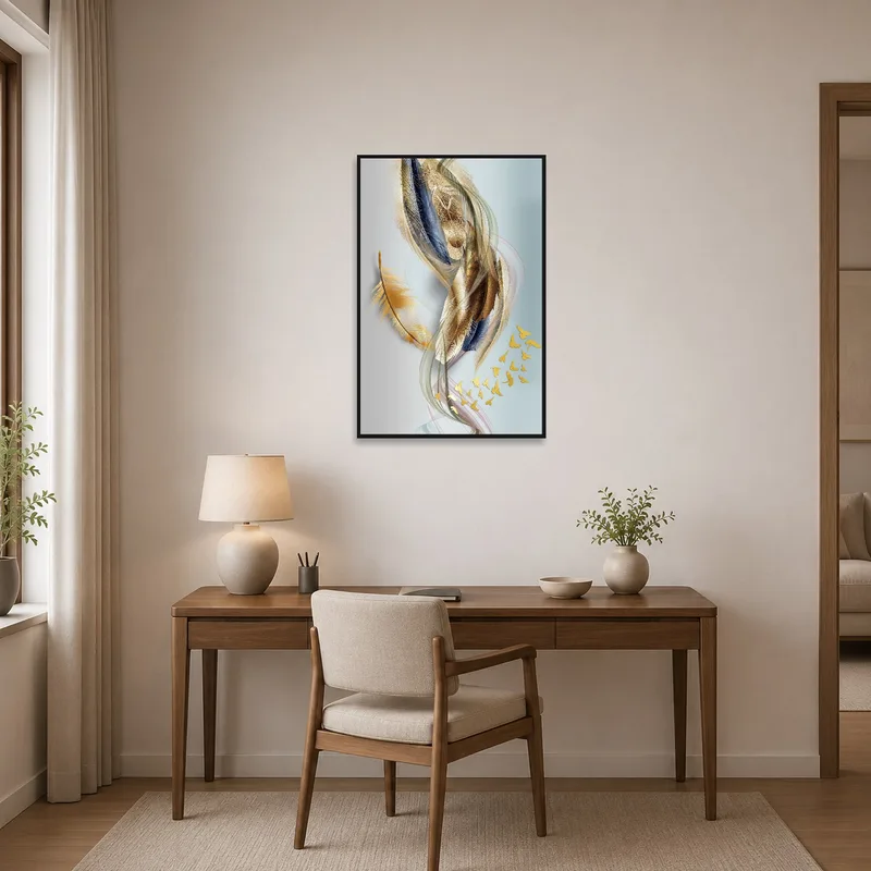 Home office brightened by the elegance of flowing feathers.