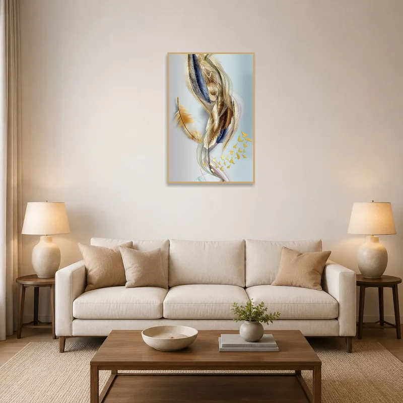 Gold and blue accented feathers add elegance above a living room sofa.
