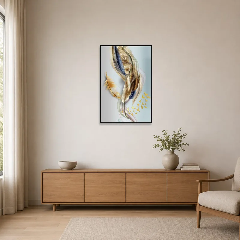 Minimalist space with flowing feathers artwork adding subtle flair.