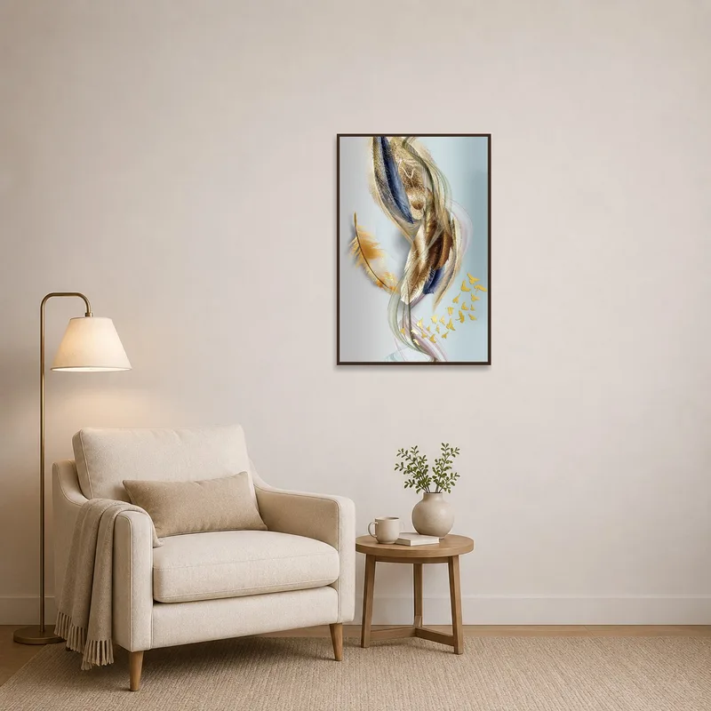 Flowing feather details complement a cozy reading corner.