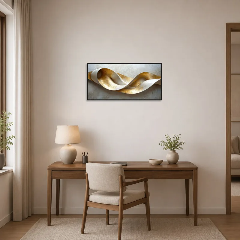 In a home office, gold and ivory hues of the sculpture art inspire creativity and focus on a plain wall.