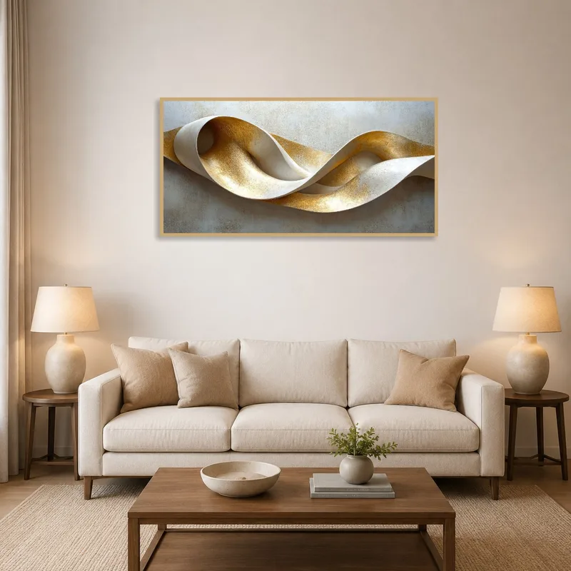 Abstract sculpture art with gold and ivory hues above a modern sofa in a cozy living room.