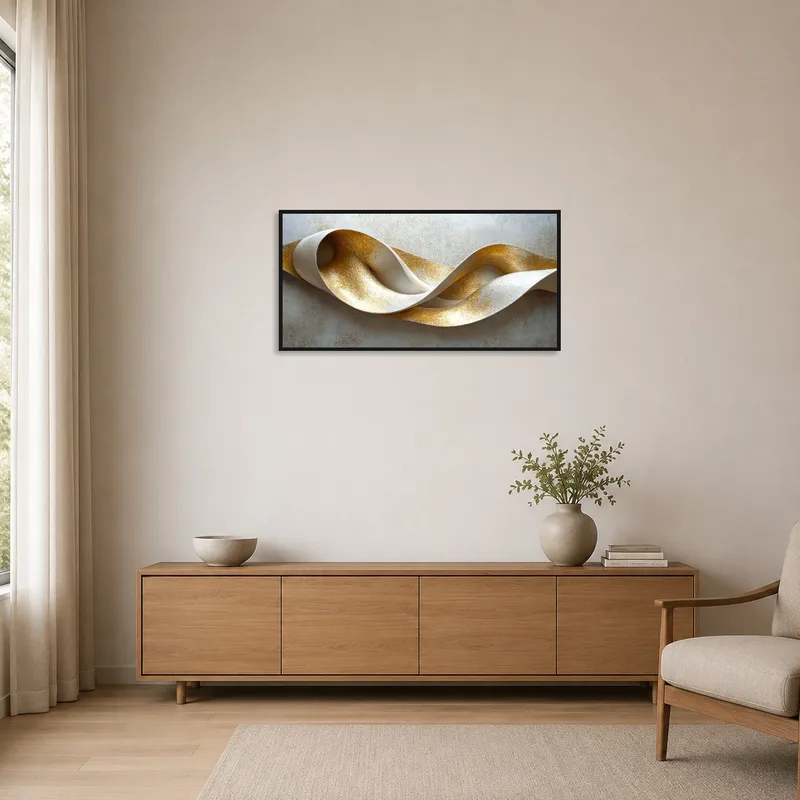 Minimalist room featuring gold and ivory abstract sculpture art on a sleek, uncluttered wall.