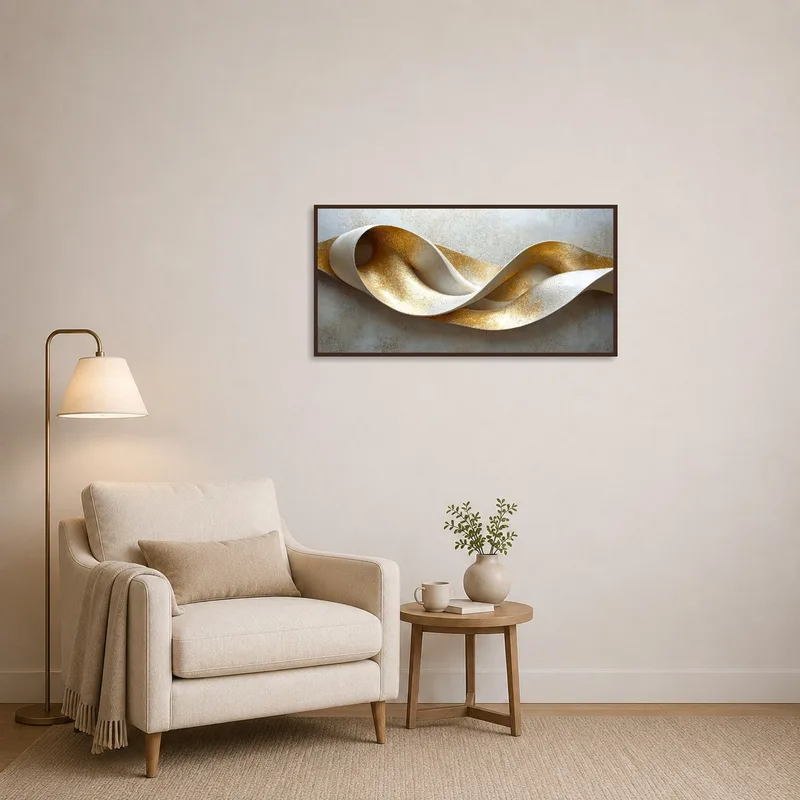 Highlighted in a reading corner, the abstract sculpture art adds warmth with its flowing gold and ivory tones.